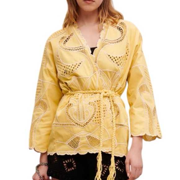 Maje Jackets & Blazers - Maje Biana Crocheted Cotton Kimono Jacket in Yellow Banana Size Small